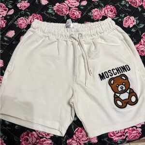 Moschino Cream Athletic Shorts with Bear Design